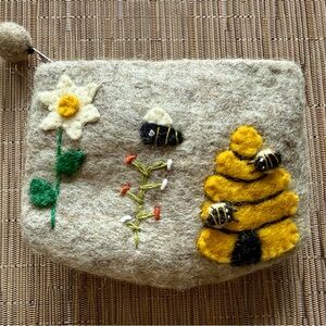Felted Wool Bee and Flower Lined Zip Pouch